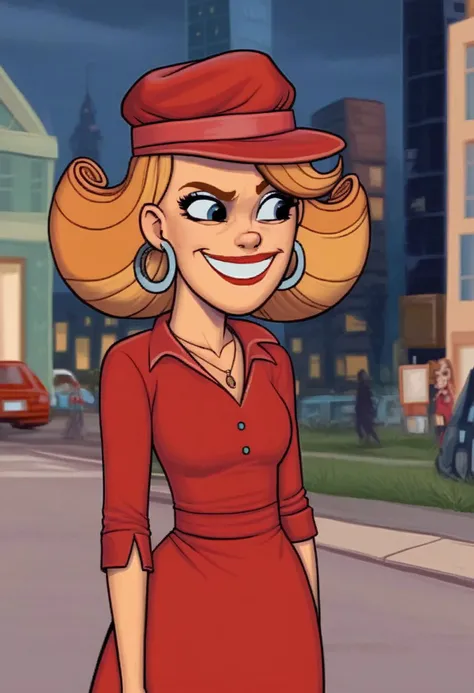score_9, score_7_up, <lora:warlockandboobs-guy-PONY-DORAv1:1>,Kitty Cartwright, 1girl, solo, ,, red Polo Dress, light smile, depth of field, city, presenting, earrings, portrait, , red headwear