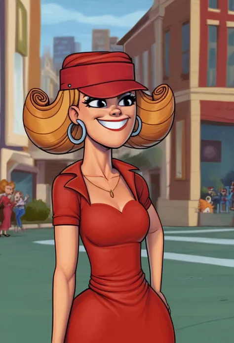 score_9, score_7_up, <lora:warlockandboobs-guy-PONY-DORAv1:1>,Kitty Cartwright, 1girl, solo, , , red Polo Dress, light smile, depth of field, city, presenting, earrings, portrait, , red headwear