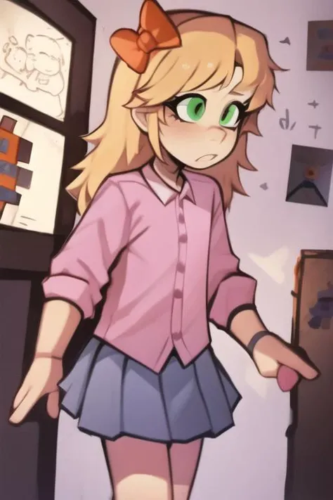 <lora:dabdabil-08:1> dabdabil,   solo,  <lora:fnaf elizabeth afton-08:1> elizabeth , elizabeth, child, bow, pink shirt, blue skirt,, masterpiece, best quality