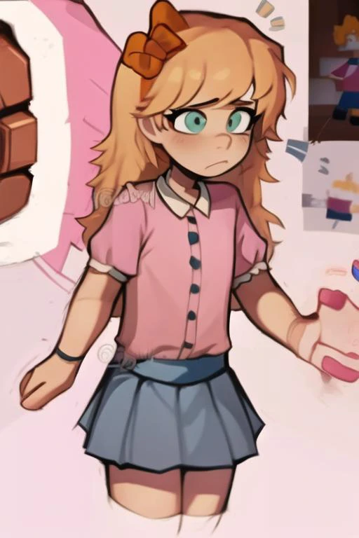 <lora:dabdabil-10:1> dabdabil, solo, <lora:fnaf elizabeth afton-08:1> elizabeth , elizabeth, child, bow, pink shirt, blue skirt,, masterpiece, best quality