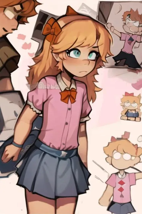 <lora:dabdabil-10:1> dabdabil,   solo,  <lora:fnaf elizabeth afton-08:1> elizabeth , elizabeth, child, bow, pink shirt, blue skirt,, masterpiece, best quality