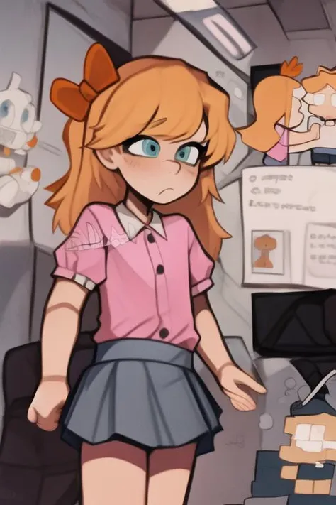 <lora:dabdabil-07:1> dabdabil, solo, <lora:fnaf elizabeth afton-08:1> elizabeth , elizabeth, child, bow, pink shirt, blue skirt,, masterpiece, best quality