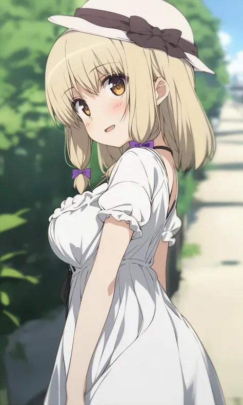 masterpiece, best quality, by ogipote, BREAK
solo, kujoufumi, big breasts,
dress, white dress, casual, hat,
looking at viewer, blush, happy,
outdoors, from side,
<lora:KujouFumi_XL:1>