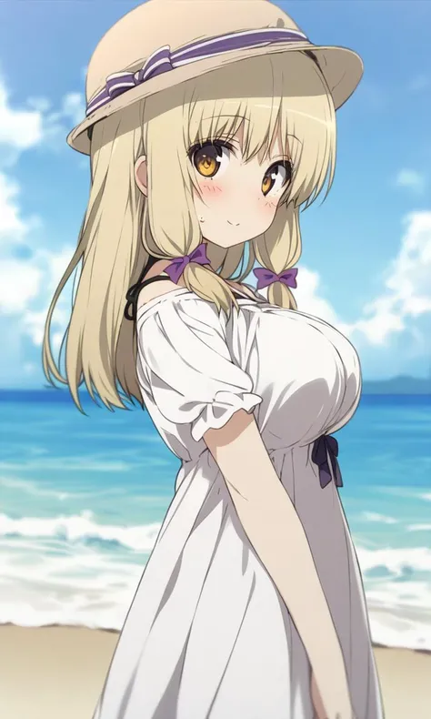 masterpiece, best quality, by ogipote, BREAK
solo, kujoufumi, big breasts,
dress, white dress, casual, hat,
looking at viewer, blush, happy,
outdoors, from side, beach,
<lora:KujouFumi_XL:1>