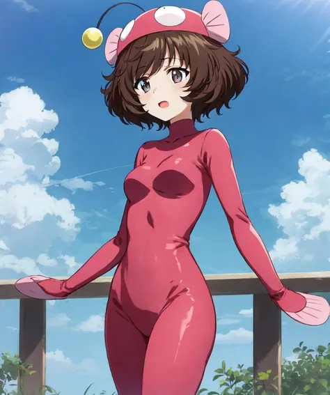 1girl, akiyama yukari, girls und panzer, anglerfish costume, pink bodysuit, pink headwear, shiny, messy hair, short hair, fins, (best quality:1)
cowboy shot, standing, solo, outdoors, blue sky, cloud, 
<lora:anglerfish-000009r:0.8>