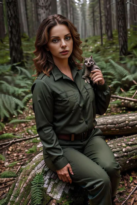<lora:4sh13y_25A-final:0.9>,a professional photograph of beautiful (4sh13y:1.1) woman,as a forest ranger,wearing a (fern green) ranger uniform,(holding a baby raccoon:1.1),(sitting on a fallen tree log:1.2),along a hiking trail,in a pine forest,(deer walking behind:1.1),(light streaking through the trees:1.2),babbling brook cascading by,perfect hair,(upper body),(medium closeup shot),nature magazine photoshoot,sharp focus,detailed eyes,(highly detailed),(HDR),(8k wallpaper),intricately detailed,high contrast,highres,absurdres,hyper realistic,UHD,majestic,taken with Nikon Z7 camera,35mm film,exposure blend,extremely intricate,dramatic,(looking at viewer),4k textures,elegant,hyperdetailed,