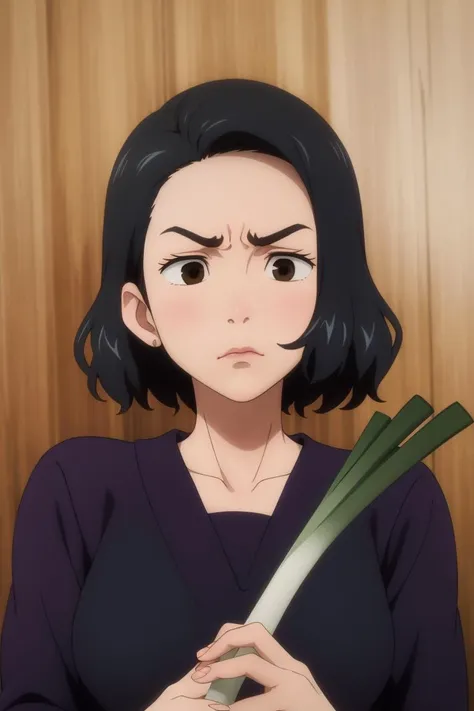 (masterpiece, best quality, ultra detailed), portrait, 1girl, solo, mature female, A woman staring at a green onion, turn one's face away, looking Japanese leek, holding Japanese leek, (frown, furrowed brow:1.1), ynagi, black hair, brown eyes, lips, <lora:Nagi:0.8>