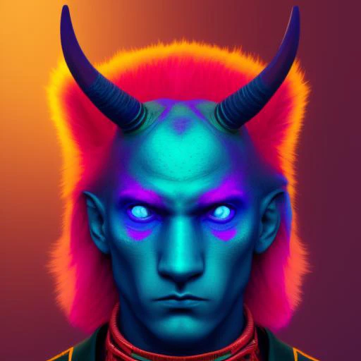 a nice painting of a digital painting of a demon with horns and horns on his head, with a purple background and a blue background, art by IsometricHyper