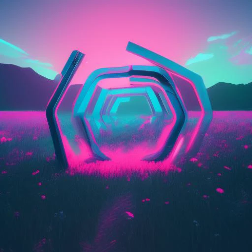 a picture of a futuristic art piece in the middle of a field with a sky background and a pink and blue sky, art by IsometricHyper