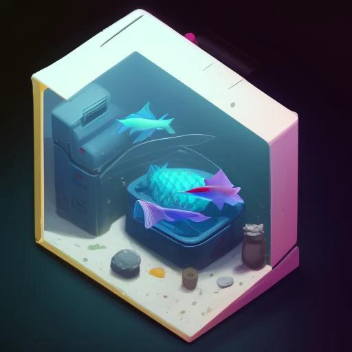 a good painting of a fish in a glass case with a camera and a box on the floor next to it and a box with a fish inside, art by IsometricHyper