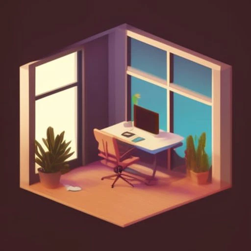 a clean painting of a room with a bed and a desk in it and a window on the wall above it that has a window and a desk with a lamp on it, art by IsometricHyper