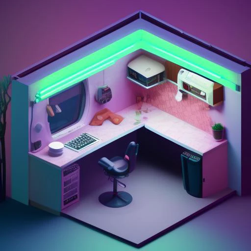 a rendition of a kitchen with a blue neon light in the corner of the room and a stool in the corner of the room, art by IsometricHyper