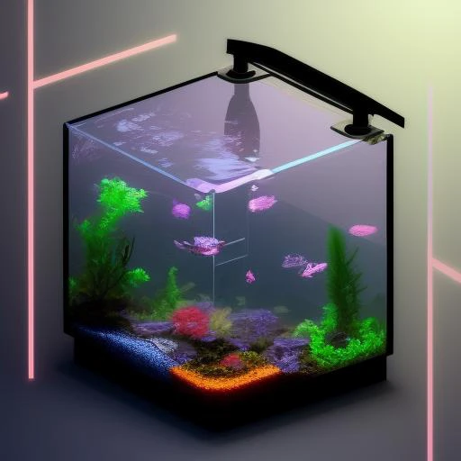 a dark painting of a fish tank with a few plants inside of it on a table top with a black background and a blue light, art by IsometricHyper