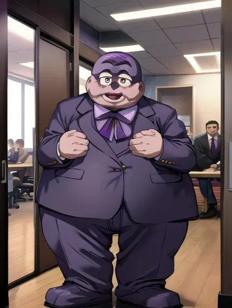 best quality, masterpiece, highres, detailed,  <lora:Detail - add_detail:0.2>, <lyco:Change - EvilBoss:0.8>, EvilBossCh, evil smile, 1boy, male focus,  <lora:Grimace:1>, Grimace, office, suit, fat man, purple, mascot,