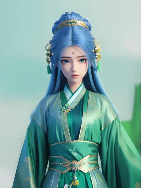 <lora:zhouziyu_20230704194707:0.75>,hanfu,green chinese clothes, obi,hair ornament, long hair, forehead mark, blue eyes, upper body,