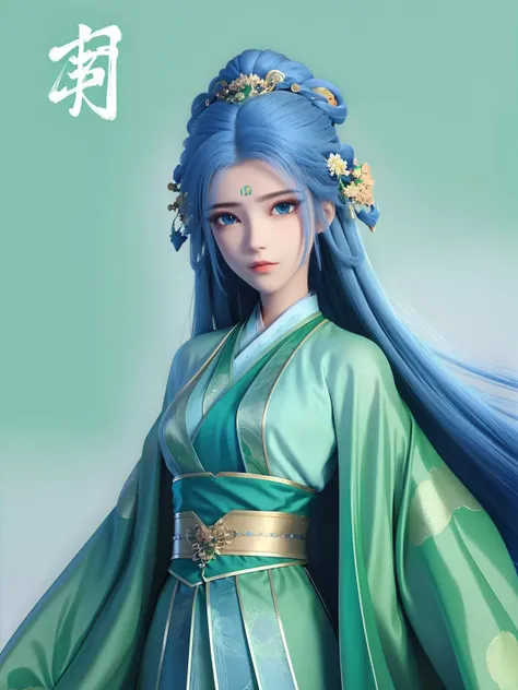 <lora:zhouziyu_20230704194707:0.75>,hanfu,green chinese clothes, obi,hair ornament, long hair, forehead mark, blue eyes, upper body,