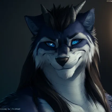 uploaded on e621, anthro, (by chunie, rov, h0rs3, ruaidri), (dracowolf:1), high res, ((detailed realistic image)), (detailed eyes, expressive eyes), impasto impressionism, insane details, (hyper realistic scales:1.2), (hyper realistic fur:1.3), (detailed fur:1.3), (detailed scales:1.2), pupils, (bust portrait:1.3), (athletic:0.9), (slightly chubby:1.2), (expressive face, detailed face), (long hair:1.3), (graying hair:1.3), (realistic quality:1.3), (photographic quality:1.1), <hypernet:furry_2:0.8>, full color, (3d:1.1), (male), (dark studio background), <lora:DracowolfV8:1>, (canine features:1.4), <lora:finalFantasyVIIRemake_v1:0.4>, ff7r style, <lora:theovercomer8sContrastFix_sd15:0.6>, (rim lighting,:1.4) two tone lighting, sharp focus, white hue, octane, unreal, dimly lit, low key, to8contrast style, (smirk:1.4),