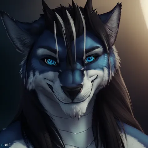 uploaded on e621, anthro, (by chunie, rov, h0rs3, ruaidri), (dracowolf:1), high res, ((detailed realistic image)), (detailed eyes, expressive eyes), impasto impressionism, insane details, (hyper realistic scales:1.2), (hyper realistic fur:1.3), (detailed fur:1.3), (detailed scales:1.2), pupils, (bust portrait:1.3), (athletic:0.9), (slightly chubby:1.2), (expressive face, detailed face), (long hair:1.3), (graying hair:1.3), (realistic quality:1.3), (photographic quality:1.1), <hypernet:furry_2:0.8>, full color, (3d:1.1), (male), (dark studio background), <lora:DracowolfV8:1>, (canine features:1.4), <lora:finalFantasyVIIRemake_v1:0.4>, ff7r style, <lora:theovercomer8sContrastFix_sd15:0.6>, (rim lighting,:1.4) two tone lighting, sharp focus, white hue, octane, unreal, dimly lit, low key, to8contrast style, (smirk:1.4),