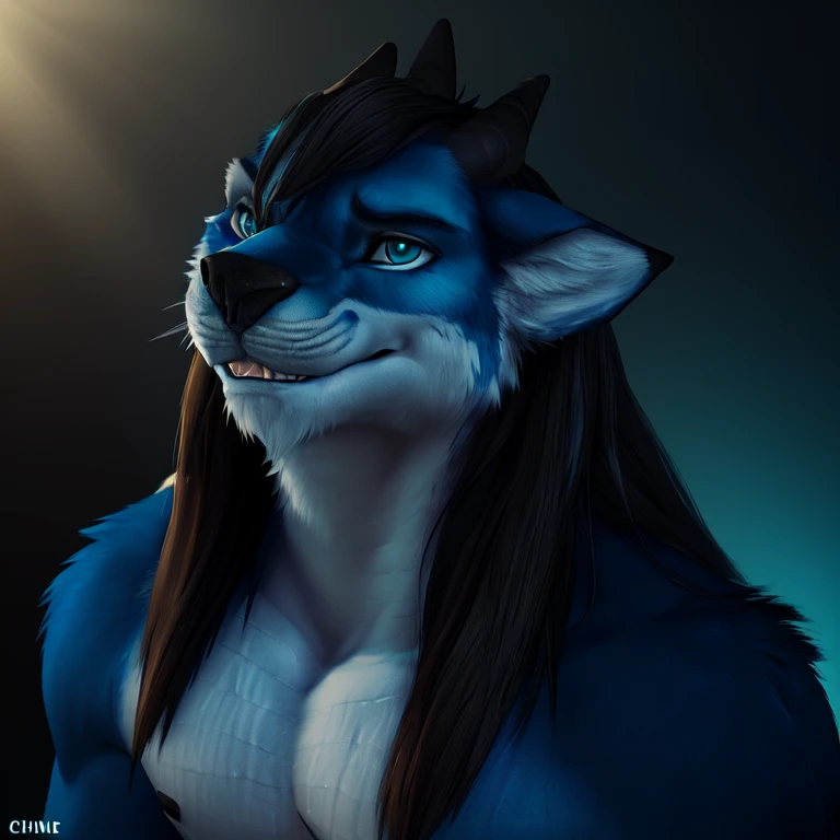 uploaded on e621, anthro, (by chunie, rov, h0rs3, ruaidri), (dracowolf:1), high res, ((detailed realistic image)), (detailed eyes, expressive eyes), impasto impressionism, insane details, (hyper realistic scales:1.2), (hyper realistic fur:1.3), (detailed fur:1.3), (detailed scales:1.2), pupils, (bust portrait:1.3), (athletic:0.9), (slightly chubby:1.2), (expressive face, detailed face), (long hair:1.3), (graying hair:1.4), (realistic quality:1.3), (photographic quality:1.1), <hypernet:furry_2:0.8>, full color, (3d:1.1), (male), (dark studio background), <lora:DracowolfV8:1>, (canine features:1.4), <lora:finalFantasyVIIRemake_v1:0.4>, ff7r style, <lora:theovercomer8sContrastFix_sd15:0.6>, (rim lighting,:1.4) two tone lighting, sharp focus, teal hue, octane, unreal, dimly lit, low key, to8contrast style, (smirk), (45 years old:1.4), (middle-aged:1.2),