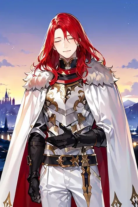 ((masterpiece)), ((best quality)), (ultra-detailed), absurdres, extremely detailed CG unity 8k wallpaper, Official Art, Accurate describe shapes, (realistic), detailed hands, upper body, close-up, solo, (castle, scenery, dramatic light, illustration:1.1), (standing, arm at side, smile1.2), (1boy, mature male, red hair, long hair, closed eyes:1.4), (white gauntlets, white cape, white armor, pauldrons, black pants, fur trim, black gloves:1.3), , ((masterpiece)), absurdres, HDR, tristan (fate)   <lyco:GoodHands-beta2:1.0>  <lora:Tristan - FGO v2:0.7>