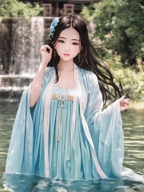 (((masterpiece))),best quality,Amazing,solo,Face close-up,(1girl:1.5), (beautiful face:1.2),Perfectly proportioned figure,hanfu:1.2,Clear facial details, beautiful face,Long hair,Smooth and delicate skin, oily skin,Hands on the back
,(ray tracing),reflected light,(get enough light:1.2),[chinese ancient architecture,Shore, lake water]