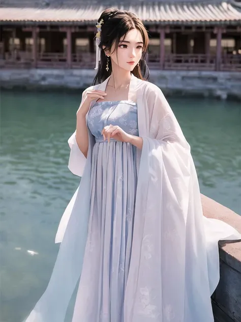 (((masterpiece))),best quality,Amazing,solo,Face close-up,(1girl:1.5), (beautiful face:1.2),Perfectly proportioned figure,hanfu:1.2,Clear facial details, beautiful face,Long hair,Smooth and delicate skin, oily skin,Hands on the back
,(ray tracing),reflected light,(get enough light:1.2),[chinese ancient architecture,Shore, lake water]
