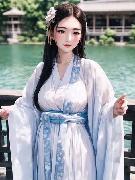 (((masterpiece))),best quality,Amazing,solo,Face close-up,(1girl:1.5), (beautiful face:1.2),Perfectly proportioned figure,hanfu:1.2,Clear facial details, beautiful face,Long hair,Smooth and delicate skin, oily skin,Hands on the back
,(ray tracing),reflected light,(get enough light:1.2),[chinese ancient architecture,Shore, lake water]