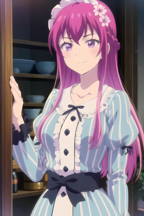 1girl, solo, long hair, blush, smile, bangs, hair ornament, dress, ribbon, hair between eyes, closed mouth, purple eyes, collarbone, upper body, pink hair, purple hair, braid, flower, frills, striped, hair flower, blurry, black ribbon, neck ribbon, blurry background, blue dress, vertical stripes, pink flower, striped dress, wrench, vertical-striped dress, terrace style  <lora:terrace_style_v0.3.6:0.5>, ouka <lora:OukaMakuzawa:0.8>