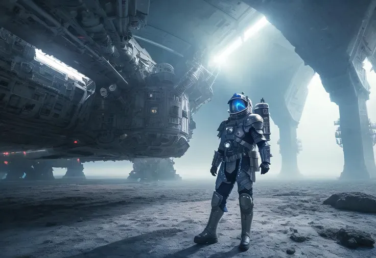 ((masterpiece)), ((high quality)), ((best quality)), (extremely detailed 8k wallpaper) woman warriror with futuristic power armor made from kevlar and titanium, dynamic light, cinematic light, octane render, unreal render, itricate, long blue hair, ((blue eyes)), ((Celtic armor engraving)), mechanical wings with led, valkiria, war paint on face, (led on armor), (tactical equipment), (space station), magic fog, space ship, asteroid, ((medieval rags of clothing)), (show skin), on alien planet, dynamic pose, armored transport, Animistic, Colorful-Creation, cape, footsteps, alien structure, holograpchic gadget,
