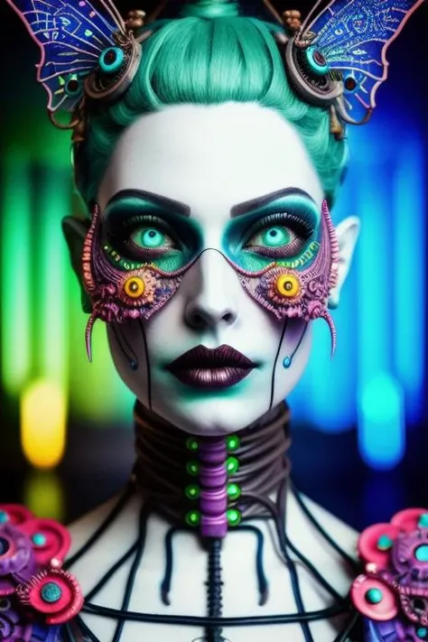 photography of a creepy and cute fairy, perfect face, intricate details, realism, colorful cyberpunk