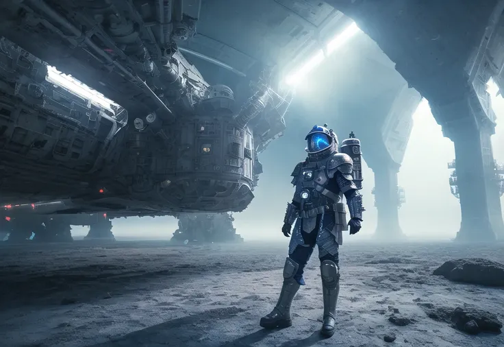 ((masterpiece)), ((high quality)), ((best quality)), (extremely detailed 8k wallpaper) woman warriror with futuristic power armor made from kevlar and titanium, dynamic light, cinematic light, octane render, unreal render, itricate, long blue hair, ((blue eyes)), ((Celtic armor engraving)), mechanical wings with led, valkiria, war paint on face, (led on armor), (tactical equipment), (space station), magic fog, space ship, asteroid, ((medieval rags of clothing)), (show skin), on alien planet, dynamic pose, armored transport, Animistic, Colorful-Creation, cape, footsteps, alien structure, holograpchic gadget,