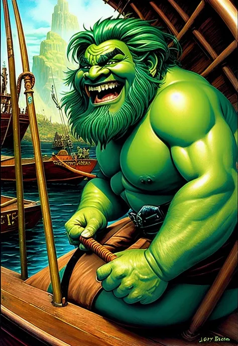 an ugly green troll singing, sat on a fishing boat, fantasy art, digital art, larry elmore, jeff dee, john blanche, fighting fantasy, D&D