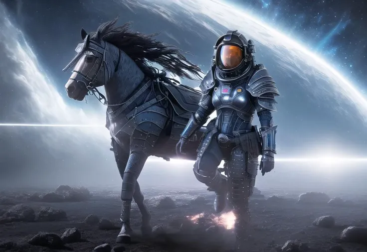 ((masterpiece)), ((high quality)), ((best quality)), (extremely detailed 8k wallpaper) woman warriror with futuristic power armor made from kevlar and titanium, dynamic light, cinematic light, octane render, unreal render, itricate, long blue hair, ((blue eyes)), ((Celtic armor engraving)), mechanical wings with led, valkiria, war paint on face, (led on armor), (tactical equipment), (space station), magic fog, space ship, asteroid, ((medieval rags of clothing)), (show skin), on alien planet, dynamic pose, armored transport, Animistic, Colorful-Creation, cape, footsteps, alien structure, holograpchic gadget,