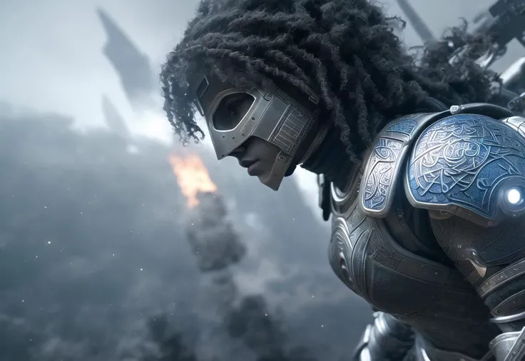 ((masterpiece)), ((high quality)), ((best quality)), (extremely detailed 8k wallpaper) woman warriror with futuristic power armor made from kevlar and titanium, dynamic light, cinematic light, octane render, unreal render, itricate, long blue hair, ((blue eyes)), ((Celtic armor engraving)), mechanical wings, valkiria, war paint on face, (led on armor), (tactical equipment), (space station), magic fog, space ship, asteroid, ((medieval rags of clothing)), (show skin), on alien planet, dynamic pose, armored transport,