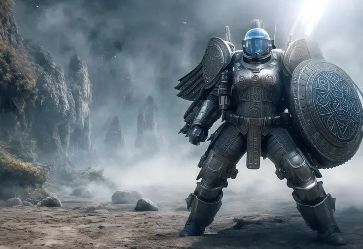 ((masterpiece)), ((high quality)), ((best quality)), (extremely detailed 8k wallpaper) woman warriror with futuristic power armor made from kevlar and titanium, dynamic light, cinematic light, octane render, unreal render, itricate, long blue hair, ((blue eyes)), ((Celtic armor engraving)), mechanical wings, valkiria, war paint on face, (led on armor), (tactical equipment), (space station), magic fog, space ship, asteroid, ((medieval rags of clothing)), (show skin), on alien planet, (dynamic expressions), (dynamic pose), armored transport,