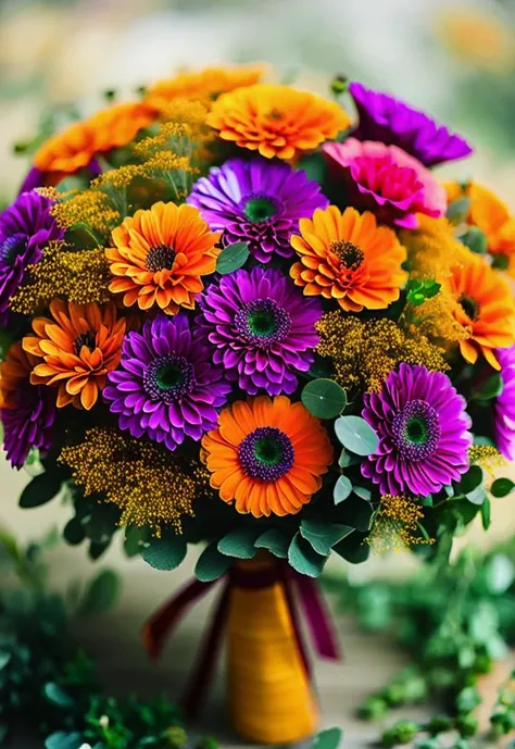 a beautiful stunning fantasy matte digital painting of a bouquet made of orange roses and orange chrysanthemums and purple poppies and green eucalyptus and green flora, a photograph painted in the style of Bridal Magazine, professional floral arrangement, professional lighting, trending on artstation hq, contest winner