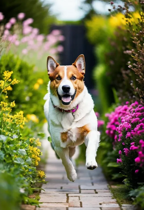photo of dog running in garden