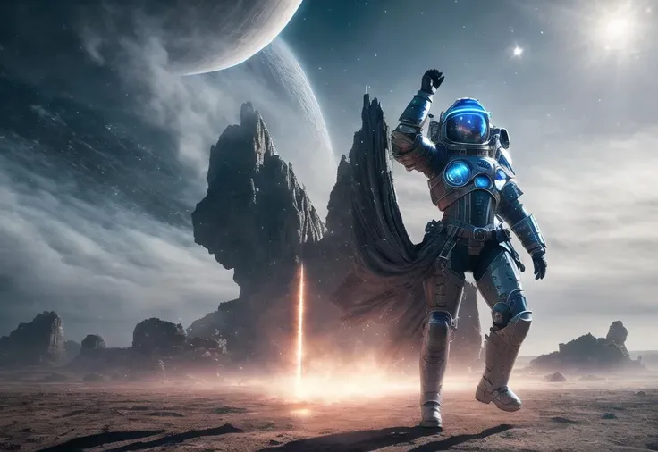 ((masterpiece)), ((high quality)), ((best quality)), (extremely detailed 8k wallpaper) woman warriror with futuristic power armor made from kevlar and titanium, dynamic light, cinematic light, octane render, unreal render, itricate, long blue hair, ((blue eyes)), ((Celtic armor engraving)), mechanical wings with led, valkiria, war paint on face, (led on armor), (tactical equipment), (space station), magic fog, space ship, asteroid, ((medieval rags of clothing)), (show skin), on alien planet, dynamic pose, armored transport, Animistic, Colorful-Creation, cape, footsteps, alien structure, holograpchic gadget,
