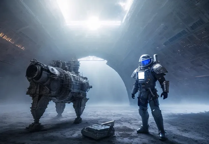 ((masterpiece)), ((high quality)), ((best quality)), (extremely detailed 8k wallpaper) woman warriror with futuristic power armor made from kevlar and titanium, dynamic light, cinematic light, octane render, unreal render, itricate, long blue hair, ((blue eyes)), ((Celtic armor engraving)), mechanical wings with led, valkiria, war paint on face, (led on armor), (tactical equipment), (space station), magic fog, space ship, asteroid, ((medieval rags of clothing)), (show skin), on alien planet, dynamic pose, armored transport, Animistic, Colorful-Creation, cape, footsteps, alien structure, holograpchic,