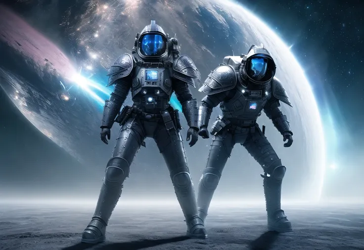 ((masterpiece)), ((high quality)), ((best quality)), (extremely detailed 8k wallpaper) woman warriror with futuristic power armor made from kevlar and titanium, dynamic light, cinematic light, octane render, unreal render, itricate, long blue hair, ((blue eyes)), ((Celtic armor engraving)), mechanical wings with led, valkiria, war paint on face, (led on armor), (tactical equipment), (space station), magic fog, space ship, asteroid, ((medieval rags of clothing)), (show skin), on alien planet, dynamic pose, armored transport, Animistic, Colorful-Creation, cape, footsteps, alien structure, holograpchic gadget,