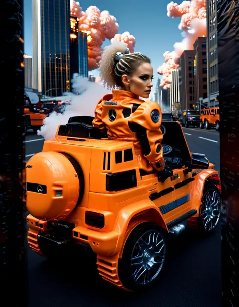 biomechanical cyberpunk Natalie Portman as a (cyborg:1.05) (drivng:1.15) a (mg63:1.15),cyberpunk city ,orange latex catsuit, candy cotton clouds,glittebomb explosion, smoke, half robot face, mechanical arm, biomechanical, (masterpiece:1.05), afro hair,,, . cybernetics, human-machine fusion, dystopian, organic meets artificial, dark, intricate, highly detailed