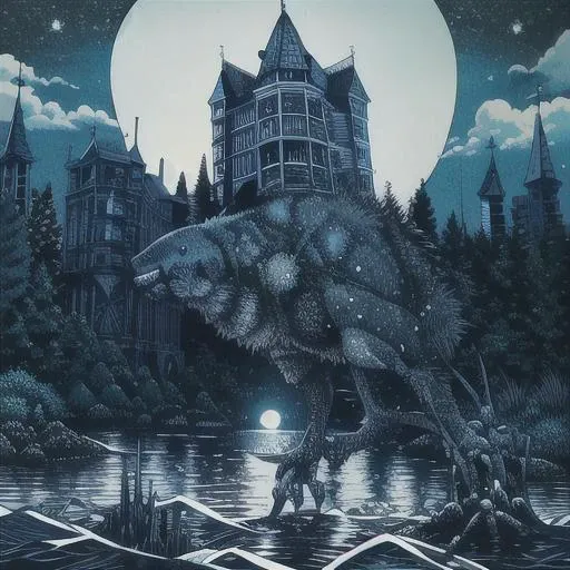 water front, creature coming out of the water, cuthulu, open sky, full moon, castle,(masterpiece,detailed,highres:1.4) <lora:sketchyStyle_v10:1>
