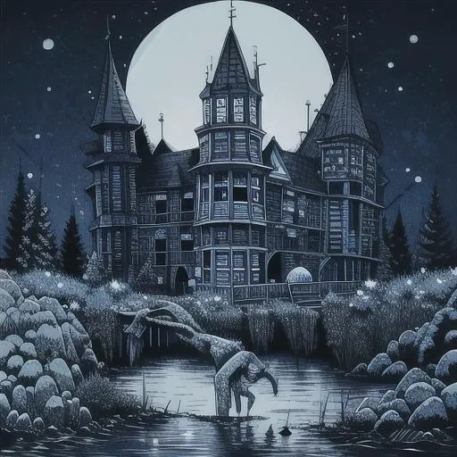 water front, creature coming out of the water, cuthulu, scared woman looking on, open sky, full moon, castle,(masterpiece,detailed,highres:1.4) <lora:sketchyStyle_v10:1>