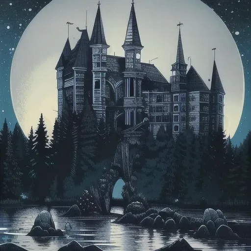 water front, creature coming out of the water, cuthulu, scared woman looking on, open sky, full moon, castle,(masterpiece,detailed,highres:1.4) <lora:sketchyStyle_v10:1>