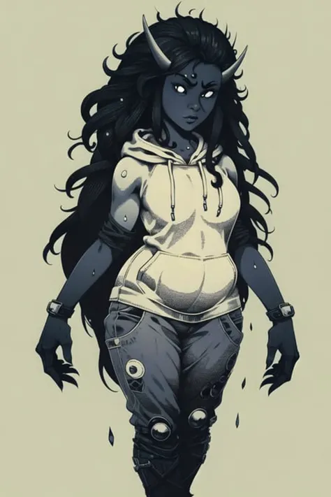 girl, (oni:1.3), Wind,Safari Background,Musclegut,Round Breasts,Between Legs,Very Long Hair,Dreadlocks,ivory Hoodie,mauve Straight Pants,Monster Hunter,Sneakers ,(masterpiece,detailed,highres:1.4) <lora:sketchy:0.9>