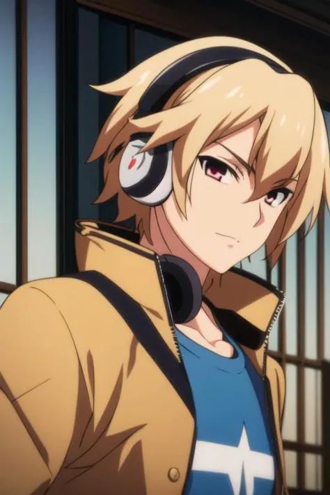 masterpiece, best quality, high quality, 1boy, solo, male focus, looking at viewer, upper body, <lora:izayoi_sakamaki:0.72>, izayoi_sakamaki, , headphones, jacket
