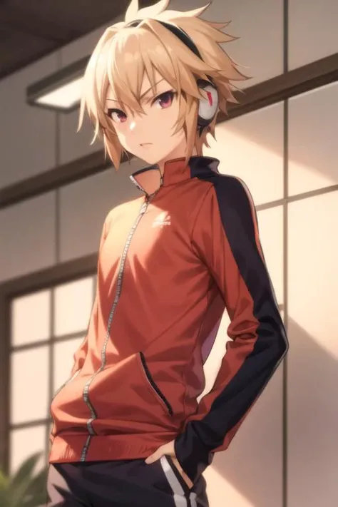 masterpiece, best quality, high quality, 1boy, solo, male focus, looking at viewer, upper body, <lora:izayoi_sakamaki:0.70>, izayoi_sakamaki, , , track suit