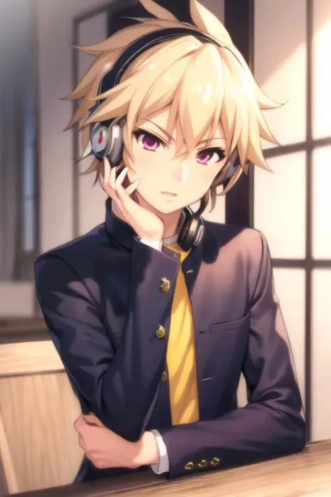 masterpiece, best quality, high quality, 1boy, solo, male focus, looking at viewer, upper body, <lora:izayoi_sakamaki:0.76>, izayoi_sakamaki, , headphones, gakuran