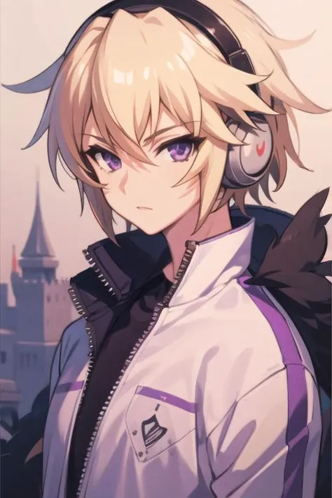 masterpiece, best quality, high quality, 1boy, solo, male focus, looking at viewer, upper body, <lora:izayoi_sakamaki:0.74>, izayoi_sakamaki, blonde hair, purple eyes, headphones, track suit