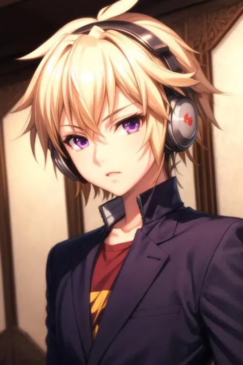 masterpiece, best quality, high quality, 1boy, solo, male focus, looking at viewer, upper body, <lora:izayoi_sakamaki:0.78>, izayoi_sakamaki, blonde hair, purple eyes, headphones,